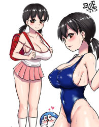 Rule 34 | 1girl, backpack, bag, black eyes, black hair, blush, breasts, cleavage, covered erect nipples, doraemon, doraemon (character), large breasts, minamoto shizuka, none (44404247), school uniform, skirt, swimsuit, thick thighs, thighs, twintails, wet, wet clothes, wet swimsuit