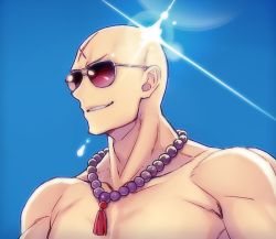 Rule 34 | 1boy, bald, bead necklace, beads, blue sky, cross scar, day, fate/grand order, fate (series), houzouin inshun (fate), jewelry, male focus, matsuryuu, necklace, portrait, scar, scar on face, scar on forehead, shiny skin, sky, smile, solo, sunglasses, topless male