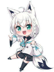 Rule 34 | 1girl, ahoge, aica 61, animal ear fluff, animal ears, black footwear, black shorts, black thighhighs, blue neckerchief, blush, braid, chibi, commentary request, detached sleeves, earrings, fox ears, fox girl, fox shadow puppet, fox tail, green eyes, hair between eyes, highres, hololive, hood, hoodie, jewelry, long hair, looking at viewer, neckerchief, open mouth, outstretched arm, pentagram, shirakami fubuki, shirakami fubuki (1st costume), short shorts, shorts, sidelocks, simple background, single braid, single thighhigh, solo, tail, thigh strap, thighhighs, virtual youtuber, white background, white hair, white hoodie