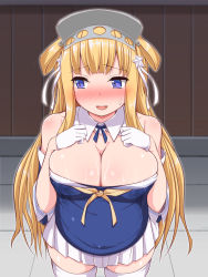 Rule 34 | 1girl, blonde hair, blush, breasts, cleavage, commentary request, cowboy shot, double bun, fletcher (kancolle), gloves, hair bun, hair ornament, hairband, hands on own chest, highres, kantai collection, lactation, lactation through clothes, large breasts, long hair, looking at viewer, looking to the side, mizunoe kotaru, neckerchief, nose blush, off shoulder, open mouth, pleated skirt, pregnant, purple eyes, purple shirt, sailor collar, school uniform, serafuku, shirt, skindentation, skirt, smile, solo, standing, star (symbol), star hair ornament, thighhighs, thighs, white gloves, white sailor collar, white skirt, white thighhighs, yellow neckerchief