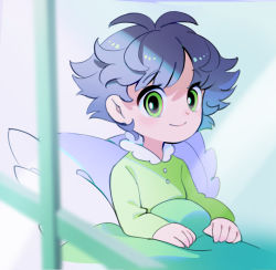 Rule 34 | 1girl, absurdres, blurry, blurry foreground, buttercup (ppg), buttercup redraw challenge (meme), derivative work, female focus, green eyes, green pajamas, highres, meme, messy hair, on bed, ootani eiti, pajamas, pillow, powerpuff girls, screenshot redraw, short hair, sitting, smile, solo, tareme, waking up, window