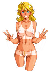 Rule 34 | 1girl, blonde hair, breasts, christine garland, cowboy shot, cropped legs, double v, female pubic hair, green eyes, large breasts, long hair, looking at viewer, navel, nipples, nude, pubic hair, qkat (arikawa-dou), simple background, smile, solo, super real mahjong, tan, tanline, teeth, v, white background