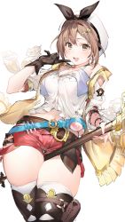 Rule 34 | 1girl, absurdres, atelier (series), atelier ryza, atelier ryza 1, bare shoulders, belt, blush, breasts, brown eyes, brown hair, commentary request, flask, gloves, hair ornament, hairclip, hat, highres, jewelry, large breasts, looking at viewer, necklace, open mouth, red shorts, reisalin stout, round-bottom flask, short shorts, shorts, simple background, smile, solo, star (symbol), thighhighs, thighs, umibouzu (niito), white background