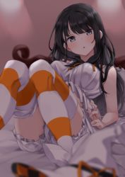 Rule 34 | 1girl, absurdres, bed, black hair, bloomers, blurry, blurry background, blurry foreground, blush, breasts, camisole, commentary, cowboy shot, hat, highres, idolmaster, idolmaster shiny colors, kazano hiori, long hair, looking at viewer, lying, medium breasts, mole, mole under mouth, on back, on bed, open mouth, orange thighhighs, purple eyes, sleeveless, solo, striped clothes, striped thighhighs, take mawile, thighhighs, thighs, two-tone legwear, underwear, unworn headwear, white camisole, white hat, white thighhighs, witch hat
