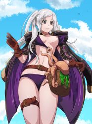 Rule 34 | 1girl, absurdres, areola slip, assisted exposure, basket, belt, bikini, bird, blush, breasts, brown eyes, cloak, cloud, cloudy sky, cowboy shot, day, fire emblem, fire emblem awakening, fire emblem heroes, gloves, groin, highres, leather, leather gloves, long hair, looking down, medium breasts, navel, nintendo, nipples, obakeart, octopus, on shoulder, parted bangs, purple bikini, robin (female) (fire emblem), robin (fire emblem), robin (male) (fire emblem), seaweed, silver hair, sky, solo, swimsuit, tareme, thigh strap, twintails, wardrobe malfunction, wavy mouth