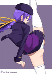 Rule 34 | 1girl, alternate costume, ankle boots, beret, blush, boots, braid, breasts, crest, cropped jacket, crossed legs, eltnum (under night in-birth), fingerless gloves, full body, gloves, hair ornament, hat, high collar, long braid, long hair, looking at viewer, medium breasts, melty blood, miniskirt, necktie, over-kneehighs, pink eyes, pleated skirt, purple background, purple hair, reclining, signature, single braid, single glove, sion eltnam atlasia, skirt, solo, suzuna (najaran), sweater, thighhighs, thighs, tsukihime, under night in-birth, v-neck, very long hair, white footwear, white thighhighs