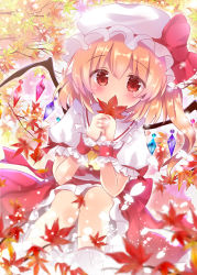 Rule 34 | 1girl, autumn leaves, blush, bobby socks, bow, commentary request, covered mouth, crystal, dutch angle, flandre scarlet, frilled shirt collar, frilled skirt, frills, hair between eyes, hat, hat bow, holding, holding leaf, leaf, long hair, looking at viewer, maple leaf, mob cap, one side up, puffy short sleeves, puffy sleeves, red bow, red eyes, red skirt, red vest, rikatan, shirt, short sleeves, skirt, skirt set, socks, solo, touhou, vest, white hat, white shirt, white socks, wings