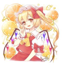 Rule 34 | 1girl, ascot, blonde hair, bow, commentary request, crystal, dated, flandre scarlet, food, frilled shirt collar, frills, fruit, hair bow, twirling hair, haruki (colorful macaron), hat, juice, mob cap, open mouth, orange (fruit), orange juice, puffy short sleeves, puffy sleeves, red bow, red vest, shirt, short sleeves, side ponytail, signature, solo, sparkle, touhou, upper body, vest, white shirt, wings, wrist cuffs, yellow ascot, yellow eyes