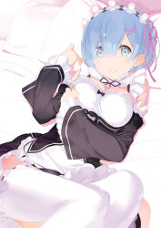 Rule 34 | 1girl, bare shoulders, bed, blue eyes, blue hair, blunt bangs, breasts, cleavage, commentary request, detached sleeves, dress, feet out of frame, frilled dress, frilled thighhighs, frills, graphite (medium), hair ornament, hair over eyes, hair ribbon, hairband, hand up, head on pillow, highres, large breasts, looking at viewer, lying, maid, mechanical pencil, neck ribbon, okazaki takeshi, on back, on bed, parted lips, pencil, pillow, pink ribbon, pink theme, re:zero kara hajimeru isekai seikatsu, rem (re:zero), ribbon, short hair, sidelocks, smile, solo, thighhighs, traditional media, wide sleeves, x hair ornament, zettai ryouiki