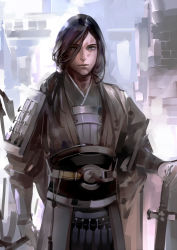 Rule 34 | 1boy, armor, black hair, hair over one eye, jian (weapon), juuni kokuki, long hair, low ponytail, male focus, rikou, saiga tokihito, solo, sword, weapon