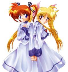 Rule 34 | 00s, 2girls, blonde hair, blue eyes, fate testarossa, holding hands, hand on own chest, long hair, lyrical nanoha, mahou shoujo lyrical nanoha, mahou shoujo lyrical nanoha a&#039;s, multiple girls, purple eyes, red eyes, red hair, school uniform, takamachi nanoha, twintails