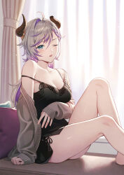Rule 34 | 1girl, ahoge, atelier (series), atelier resleriana, bare legs, bare shoulders, bedroom, black camisole, black shorts, blue eyes, breasts, broken horn, camisole, cardigan, cleavage, comiket 103, curtains, demon horns, dolphin shorts, grey sweater, hair between eyes, horns, long sleeves, medium breasts, multicolored hair, one eye closed, open cardigan, open clothes, parted lips, pillow, promotional art, reclining, shorts, sitting, sleeves past wrists, solo, strap slip, sweater, tokki, two-tone hair, valeria (atelier), white hair, window