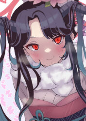 Rule 34 | 1girl, black hair, blue archive, blue hair, blush, closed mouth, flower, fur collar, fuuka (blue archive), fuuka (new year) (blue archive), gradient hair, hair flower, hair ornament, halo, highres, japanese clothes, kimono, long hair, looking at viewer, multicolored hair, obi, official alternate costume, red eyes, sash, smile, solo, upper body, white kimono, yucblossom