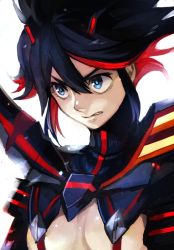 Rule 34 | 10s, 1girl, black hair, blue eyes, breasts, clenched teeth, hungry clicker, kill la kill, matoi ryuuko, multicolored hair, red hair, senketsu, short hair, simple background, small breasts, solo, suspenders, teeth, two-tone hair, underboob, upper body, white background