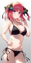 Rule 34 | 1girl, absurdres, adjusting hair, bikini, black bikini, blue eyes, blunt bangs, breasts, butterfly hair ornament, cleavage, closed mouth, commentary request, go-toubun no hanayome, gradient background, gradient nails, grey background, hair ornament, hand on own hip, highres, kurosaki coco, large breasts, looking at viewer, nakano nino, navel, pink hair, short hair, side-tie bikini bottom, smile, solo, swimsuit, two side up