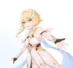 Rule 34 | 1girl, arm ribbon, backless dress, backless outfit, bare shoulders, black gloves, blonde hair, breasts, detached sleeves, dress, feather hair ornament, feathers, flower, genshin impact, gloves, gold trim, hair between eyes, hair flower, hair ornament, halterneck, harukix, highres, lily (flower), looking at viewer, lumine (genshin impact), medium hair, open mouth, partially fingerless gloves, ribbon, scarf, simple background, sleeveless, sleeveless dress, small breasts, sparkle print, vambraces, white background, white dress, white scarf, yellow eyes