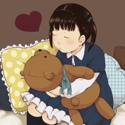 Rule 34 | 1girl, bad id, bad pixiv id, black hair, blunt bangs, hugging doll, frilled pillow, frills, hair bobbles, hair ornament, highres, imminent kiss, mosuko, hugging object, original, pillow, solo, stuffed animal, stuffed toy, teddy bear, twintails