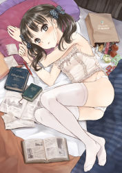 Rule 34 | 1girl, apple, bad id, bad pixiv id, bag, bed, black eyes, black hair, blush, book, bow, camisole, food, fruit, fujita hidetoshi, grocery bag, hair bow, looking at viewer, lying, on side, original, panties, paper bag, papers, pencil, pillow, shopping bag, solo, thighhighs, twintails, underwear, white panties, white thighhighs