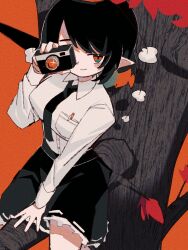 Rule 34 | 1girl, black hair, black necktie, black skirt, camera, closed mouth, collared shirt, commentary, frilled skirt, frills, highres, holding, holding camera, kagiyama0303, long sleeves, looking at viewer, necktie, orange background, outdoors, pen, pointy ears, pom pom (clothes), red eyes, ribbon-trimmed skirt, ribbon trim, shameimaru aya, shirt, short hair, simple background, sitting on branch, skirt, smile, solo, touhou, tree, white shirt