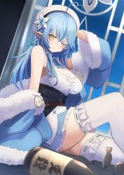 Rule 34 | 1girl, ahoge, beret, black corset, blue coat, blue hair, blush, bottle, braid, breasts, center frills, cleavage, cleavage cutout, clothing cutout, coat, commentary, corset, crossed bangs, dutch angle, expressionless, flower, frilled thighhighs, frills, fur-trimmed coat, fur trim, green ribbon, hair between eyes, hair flower, hair ornament, hat, headache, heart, heart ahoge, highres, hololive, indoors, knee up, large breasts, long hair, long sleeves, manjirou (manji illust), one eye closed, pointy ears, ribbon, ribbon-trimmed thighhighs, ribbon trim, sake bottle, shirt, side braid, sidelocks, skindentation, sleeveless, sleeveless shirt, solo, thighhighs, virtual youtuber, white flower, white fur, white hat, white shirt, white thighhighs, wide sleeves, window, yellow eyes, yukihana lamy, zettai ryouiki