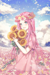 Rule 34 | 1girl, :d, aile (crossroads), artist name, blue eyes, blue sky, blush, cloud, cloudy sky, commentary request, day, dress, field, flower, flower field, flower wreath, head wreath, holding, holding flower, horizon, long hair, open mouth, original, outdoors, parted bangs, pink dress, pink hair, short sleeves, signature, sky, smile, solo, sunflower, very long hair, wide sleeves, yellow flower