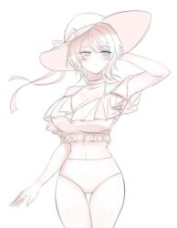 Rule 34 | 1girl, arm up, bikini, blue eyes, blush, breasts, choker, closed mouth, cowboy shot, faust (project moon), frilled bikini, frills, hat, highres, l4lph4, large breasts, limbus company, looking to the side, project moon, protected link, simple background, solo, sun hat, swimsuit, white background, white bikini, white choker, white hair, white hat