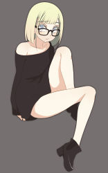 Rule 34 | 1girl, absurdres, black-framed eyewear, blonde hair, blunt bangs, colored eyelashes, full body, glasses, grey background, high heels, highres, invisible chair, original, oza watto, plantar flexion, simple background, sitting, solo