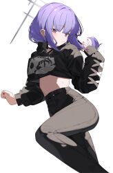 Rule 34 | 1girl, absurdres, atsuko (blue archive), belt, black belt, black choker, black pants, blue archive, blush, choker, commentary request, cowboy shot, cropped hoodie, ear piercing, highres, hood, hood down, hoodie, long sleeves, midriff, nakare2845, pants, piercing, purple hair, red eyes, red nails, solo, spiked choker, spikes, white background