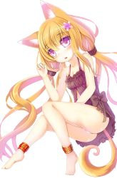 Rule 34 | 1girl, absurdres, animal ears, ankle cuffs, babydoll, bare arms, barefoot, blonde hair, bow, buckle, colored eyelashes, dress, flower, fox ears, fox tail, frills, full body, hair ornament, highres, long hair, low twintails, ming (3952862), original, panties, purple eyes, simple background, solo, tail, tears, twintails, underwear, very long hair, white background, white panties