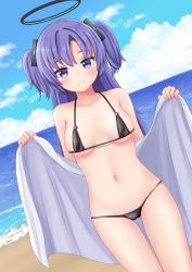 Rule 34 | 1girl, absurdres, bare shoulders, bikini, black bikini, blue archive, blue sky, closed mouth, cloud, collarbone, commentary request, day, gluteal fold, halo, hands up, highres, holding, holding towel, horizon, long hair, looking at viewer, michou, navel, o-ring, o-ring bikini, o-ring top, ocean, outdoors, purple eyes, purple hair, sky, smile, solo, standing, swimsuit, thigh gap, towel, two side up, water, yuuka (blue archive)