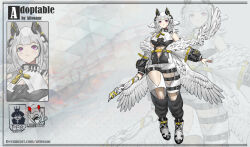 Rule 34 | 1girl, :3, adoptable, allosauc, angel wings, animal ears, artist name, belt, belt buckle, black belt, black horns, black pants, black shirt, black sleeves, boots, breasts, buckle, character sheet, closed mouth, clothing cutout, collar, detached sleeves, deviantart username, english text, eyelashes, feathered wings, fingernails, full body, fur-trimmed sleeves, fur trim, gradient background, grey background, holding, holding weapon, horns, knees, large breasts, leg belt, leg cutout, light blush, long sleeves, looking at viewer, medium hair, midriff, multiple belts, multiple views, multiple wings, original, pants, polka dot, polka dot background, projected inset, purple eyes, sheep ears, sheep horns, shirt, shoe belt, simple background, sleeveless, sleeveless shirt, smile, thigh belt, thigh strap, triangle background, turtleneck, turtleneck shirt, two-tone pants, two-tone shirt, two-tone sleeves, upper body, watermark, weapon, weapon behind back, white collar, white footwear, white hair, white pants, white shirt, white sleeves, white wings, wings, yellow belt, zipper, zipper pull tab