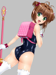 Rule 34 | 1990s (style), 1girl, ass, backpack, bad id, bad pixiv id, bag, brown hair, cardcaptor sakura, dutch angle, glove bow, gloves, green eyes, highres, hoshi no tsue, kinomoto sakura, latex, latex suit, looking back, magical girl, one-piece swimsuit, randoseru, retro artstyle, school swimsuit, sen (sansui), shiny clothes, short hair, swimsuit, thighhighs, twintails, wand, white gloves