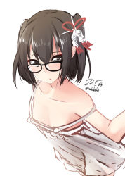 Rule 34 | 10s, 1girl, 2015, bad id, bad pixiv id, bespectacled, black-framed eyewear, black eyes, black hair, blush, camisole, dated, glasses, hair ornament, kantai collection, looking at viewer, nekobaka, sendai (kancolle), short hair, simple background, solo, strap slip, twitter username, two side up, white background