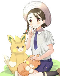 Rule 34 | 1girl, blush, braid, breast pocket, brown eyes, brown footwear, brown hair, collared shirt, commentary request, creatures (company), eyelashes, game freak, grin, hand up, hat, highres, index finger raised, juliana (pokemon), necktie, nintendo, on lap, pawmi, pawmo, pechi (peeechika), pocket, pokemon, pokemon (creature), pokemon on lap, pokemon sv, purple necktie, purple shorts, shirt, shoes, shorts, sitting, smile, socks, teeth
