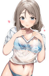 Rule 34 | 1girl, absurdres, blue eyes, blush, bra, breasts, brown hair, highres, lace, looking at viewer, love live!, love live! sunshine!!, midriff, panties, see-through, see-through shirt, shirt, short hair, simple background, smile, solo, sunya (honorin-yuunibo), thighs, underwear, watanabe you