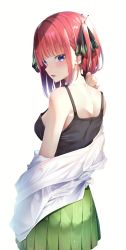 Rule 34 | 1girl, absurdres, black tank top, blunt bangs, blush, bow, clothes pull, go-toubun no hanayome, green skirt, hair bow, highres, looking at viewer, looking back, nakano nino, parted lips, pleated skirt, purple eyes, red hair, shirt, shirt pull, simple background, skirt, solo, standing, tank top, white background, white shirt, yuunamida uyu