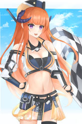 Rule 34 | 1girl, absurdres, arknights, bagpipe (arknights), bagpipe (queen no. 1) (arknights), bare shoulders, blue shorts, blue sky, breasts, checkered flag, cleavage, cloud, commentary, cowboy shot, crop top, day, fingerless gloves, flag, gloves, hat, highres, holding, holding flag, horns, large breasts, maeda no kenzi, midriff, navel, orange hair, outdoors, pouch, short shorts, shorts, sky, solo, standing, stomach