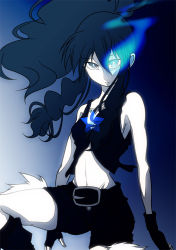 Rule 34 | 1girl, armpits, bare shoulders, black rock shooter, black rock shooter (character), black rock shooter (cosplay), blue eyes, blue hair, boots, cosplay, creatures (company), crossover, fire, game freak, gloves, glowing, glowing eye, glowing eyes, groin, hilda (pokemon), long hair, looking at viewer, matching hair/eyes, navel, nintendo, pokemon, pokemon bw, ponytail, shorts, sidelocks, solo, star (symbol), touko
