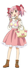 Rule 34 | 10s, 1girl, bag, blush, boots, bow, bow bra, bra, clothes hanger, dress, full body, hair bow, kaname madoka, lingerie, mahou shoujo madoka magica, mahou shoujo madoka magica (anime), mahou shoujo madoka magica movie 1 &amp; 2, official art, open mouth, pink eyes, pink hair, short twintails, simple background, smile, solo, standing, twintails, underwear, white background
