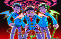 Rule 34 | 10s, 3boys, :&lt;, backlighting, bent over, blue necktie, brothers, demon boy, demon horns, demon tail, english text, fangs, formal, gradient background, green necktie, hands on own hips, horns, kan (tofslan), looking at viewer, male focus, matsuno choromatsu, matsuno karamatsu, matsuno osomatsu, multiple boys, necktie, osomatsu-kun, osomatsu-san, osomatsu (series), panty &amp; stocking with garterbelt, parody, pointy ears, red necktie, siblings, simple background, slit pupils, style parody, suit, tail, twitter username, wings, yellow eyes