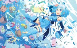 Rule 34 | 1girl, animal ears, aqua hair, artist request, bare shoulders, blue hair, blue skirt, blue thighhighs, blush, cat ears, detached sleeves, female focus, floating, floating object, hair between eyes, highres, jumping, lowres, midriff, midriff peek, navel, open mouth, pink eyes, pleated skirt, short hair, skindentation, skirt, solo focus, stomach, tagme, thigh strap, thighhighs, twintails