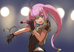 Rule 34 | 1girl, ahoge, black gloves, bracelet, fang, gloves, green hair, hair between eyes, highres, holding, holding microphone, idol, jewelry, kantai collection, long hair, looking at viewer, microphone, momo (kancolle), multicolored hair, one eye closed, open mouth, pink hair, porupurucha, puffy short sleeves, puffy sleeves, short sleeves, skin fang, solo, twintails, upper body, very long hair
