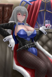 Rule 34 | 1girl, absurdres, animal ears, archstreal, artist name, azur lane, black cloak, blue bow, blue bowtie, blush, bow, bowtie, breasts, cleavage, cloak, closed mouth, cup, drinking glass, fake animal ears, feet out of frame, fishnet pantyhose, fishnets, gloves, grey hair, highres, holding, holding cup, large breasts, leotard, long hair, looking at viewer, mole, mole under eye, pantyhose, playboy bunny, purple eyes, rabbit ears, saint-louis (azur lane), sitting, smile, solo, white gloves, wine glass