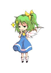 Rule 34 | 1girl, ascot, black eyes, black footwear, blue dress, bow, chibi, collar, collared shirt, dairi, daiyousei, dress, fairy wings, full body, green eyes, green hair, hair between eyes, hair bow, hand on own face, hand up, looking to the side, open mouth, ponytail, puffy short sleeves, puffy sleeves, shaded face, shirt, shoes, short hair, short ponytail, short sleeves, simple background, smile, smug, socks, solo, standing, star (symbol), tachi-e, touhou, transparent background, white background, white shirt, white sleeves, white socks, wings, yellow ascot, yellow bow