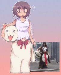 Rule 34 | 2girls, :3, :|, ?, arm at side, azumanga daiou, bare shoulders, brown eyes, brown hair, character costume, closed mouth, commentary, dark-skinned female, dark skin, donkey kong, english commentary, expressionless, full body, gradient background, highres, holding mascot head, kagura (azumanga daioh), looking at viewer, mascot costume, mascot head, medium hair, multiple girls, necktie, nokojuice, red necktie, red ribbon, reference inset, ribbon, shirt, signature, sleeveless, standing, tank top, white shirt