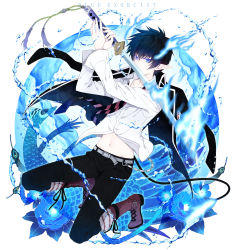 Rule 34 | 1boy, absurdres, ao no exorcist, belt, blue eyes, flame-tipped tail, flaming sword, flaming weapon, highres, holding, holding sword, holding weapon, kneeling, male focus, md5 mismatch, necktie, okumura rin, pointy ears, resolution mismatch, solo, source smaller, striped necktie, striped neckwear, sword, water, weapon, yuuno (yukioka)
