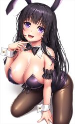 Rule 34 | 1girl, :d, animal ears, arm garter, bang dream!, bare shoulders, black bow, black bowtie, black hair, blunt bangs, blush, bow, bowtie, breasts, brown pantyhose, cleavage, commentary request, covered erect nipples, detached collar, fake animal ears, finger to own chin, fingernails, hand up, kneeling, lambda (kusowarota), large breasts, leotard, long hair, looking at viewer, looking up, open mouth, pantyhose, playboy bunny, purple eyes, purple leotard, rabbit ears, shadow, shirokane rinko, simple background, smile, solo, strapless, strapless leotard, teeth, upper teeth only, wavy hair, white background, wrist cuffs