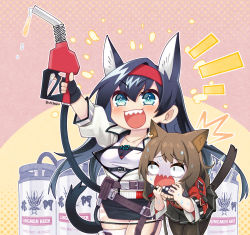 Rule 34 | 2girls, :d, alcohol, animal ears, arknights, arm up, beer, belt, bent over, black belt, black gloves, black hair, black legwear, black skirt, blaze (arknights), blue eyes, blush, breasts, brown hair, cat ears, cat tail, chibi, commentary request, cowboy shot, earrings, fingerless gloves, framed breasts, gas pump nozzle, gloves, great lungmen logo, hair between eyes, hairband, highres, holding, jacket, jewelry, lemon raimu, long hair, long sleeves, miniskirt, multiple girls, open mouth, pantyhose, pencil skirt, pleated skirt, pouch, red hairband, red jacket, sharp teeth, shirt, single thighhigh, skirt, skyfire (arknights), small breasts, smile, standing, sweat, tail, teeth, thighhighs, turn pale, very long hair, white jacket, white legwear, white shirt