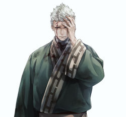 Rule 34 | bandages, blind, blood, blood on clothes, blood on face, green robe, hand on own face, highres, jigokuraku, looking at viewer, robe, scar, scar across eye, short hair, simple background, solo, spiked hair, ushi 424, white background, white eyes, white hair, wristband, yamada asaemon shion