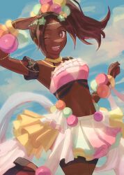 Rule 34 | 1girl, ;d, armpits, babykatafan, brown hair, crop top, dark-skinned female, dark skin, fire emblem, fire emblem engage, hair ornament, highres, looking at viewer, midriff, nintendo, one eye closed, open mouth, ponytail, red eyes, salute, smile, solo, star-shaped pupils, star (symbol), symbol-shaped pupils, teeth, timerra (fire emblem)